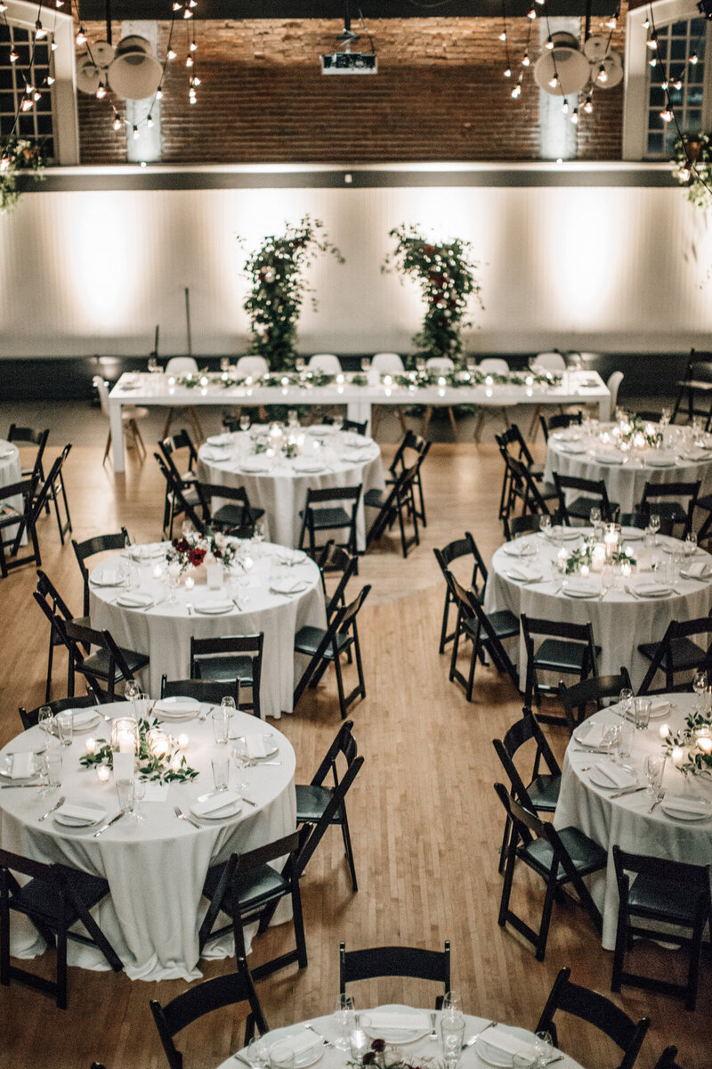 Round tables for an event in aLuxurious Events space at Portland, Oregon