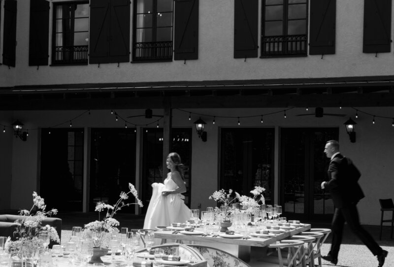 Couple sharing a romantic first dance under string lights at Hotel Domestique wedding venue near Greenville, SC