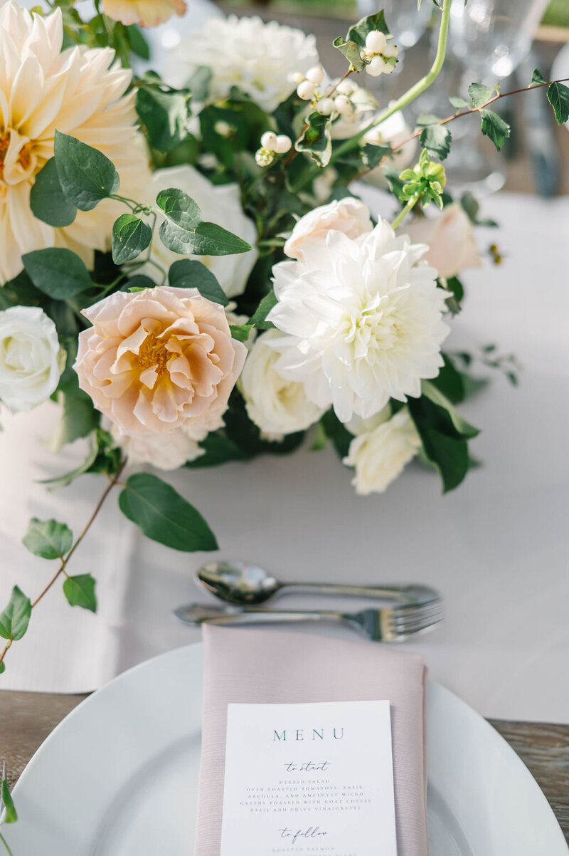 Honey tan garden rose with white dahlias in compote wedding centerpiece