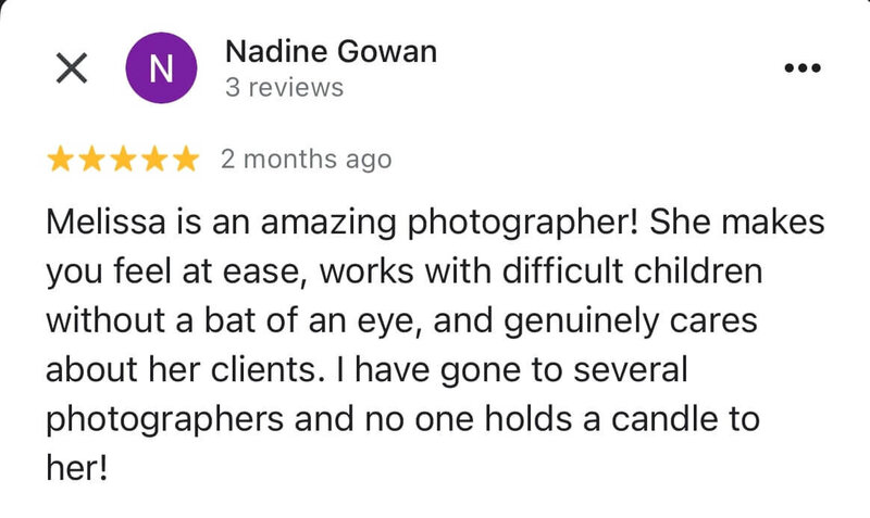 A five-star review from Nadine Gowan commending Melissa's ease in working with difficult children and her genuine care for clients.