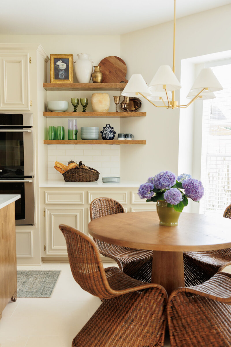 Bright Colorful Two tone Kitchen with floating shelves