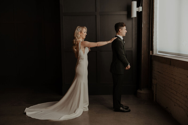 bride and groom first look
