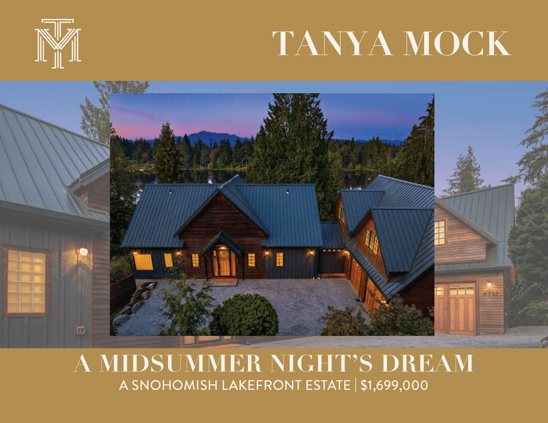 Exterior view of a luxury wooden lakefront estate at dusk with forest background, featured as "A Midsummer Night’s Dream" in Snohomish, listed for $1,699,000 by Tanya Mock—with web design by Sweet Pea Ink Creative enhancing its online presence.