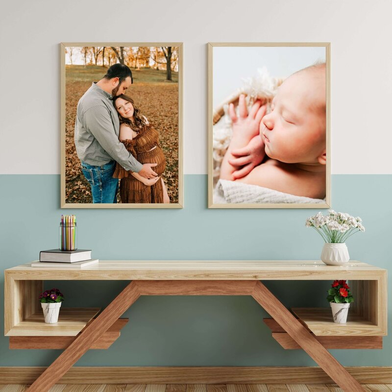 framed maternity photo of pregnant mom in crochet robe over dresser