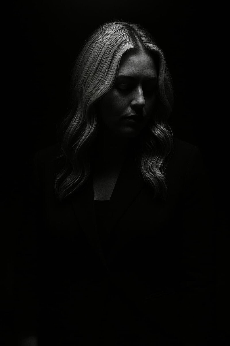 Artistic black-and-white portrait of Heather Chachaty, Sydney designer and founder of Barilliant, captured in dramatic lighting with a minimalist, high-fashion aesthetic