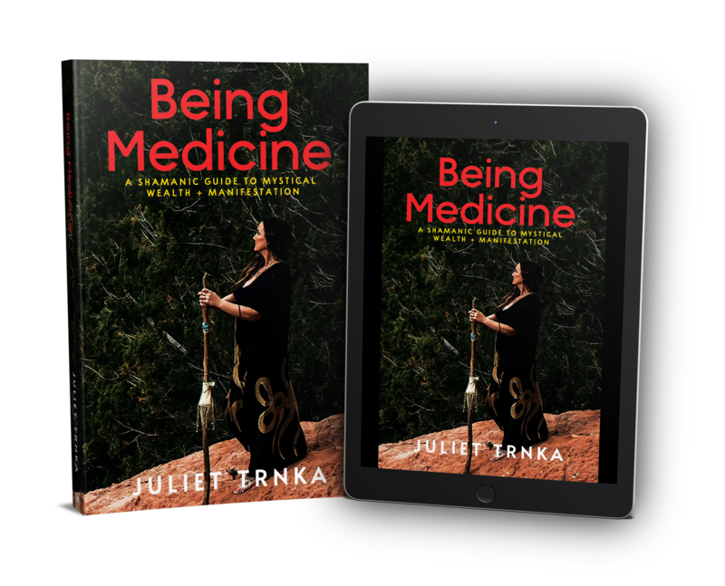 A book mockup, both hardcover and in digital form of Being Medicine, a book written by Juliet Trnka