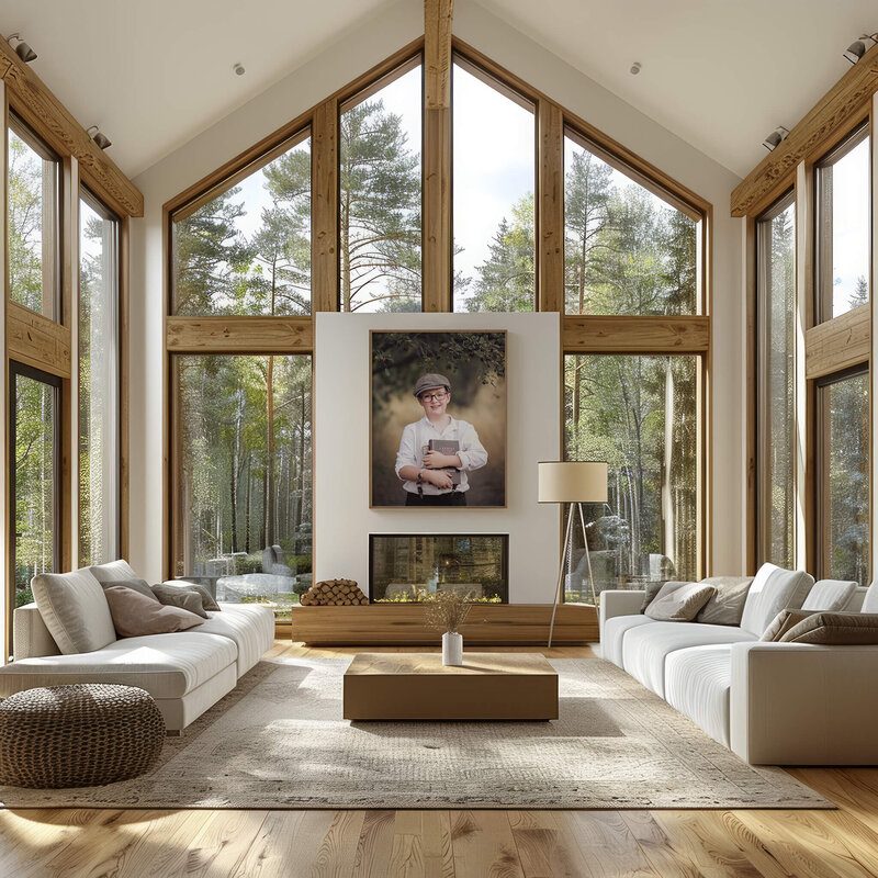 A large lviing room with vaulted ceillings boasts floor to ceiling windows. Above the fireplace in the centre is large portrait of boy holding a book and smiling.