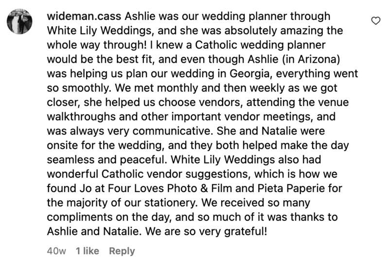 Screenshot of a kind review for White Lily Weddings from a past client.