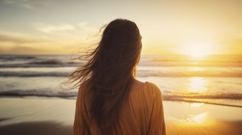 Woman looking out onto the ocean during sunset