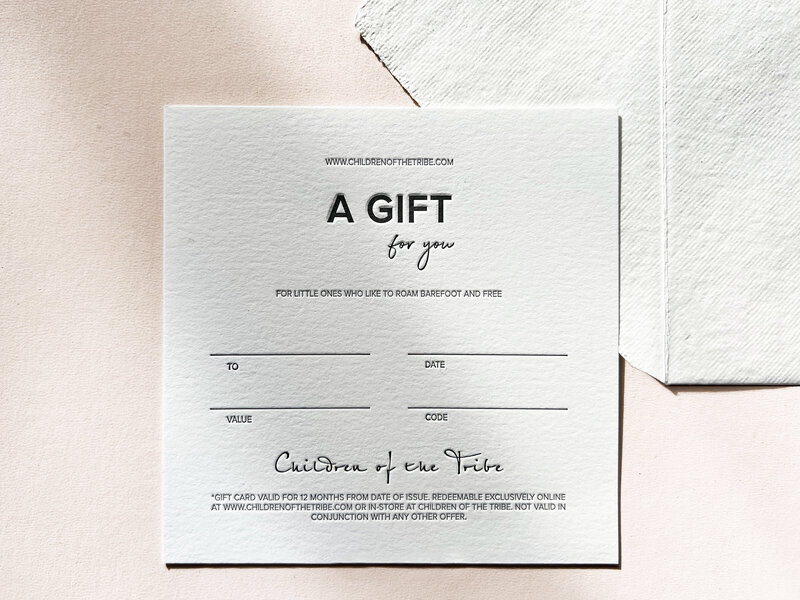Letterpress printed  gift card for Children of The Tribe Byron Bay