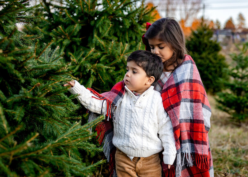 Lifestyle, candid portrait of siblings hugging at a Christmas tree farm.