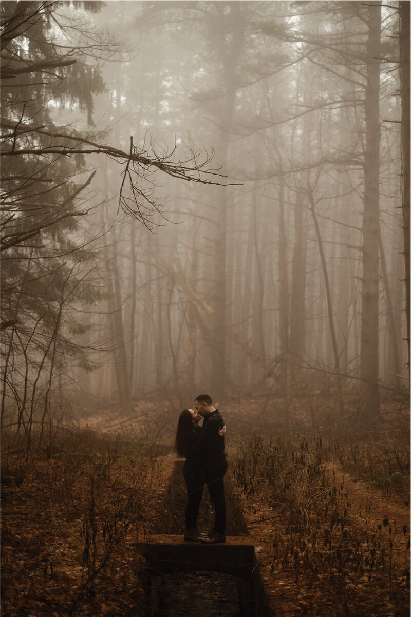 couple kissing in foggy forest
