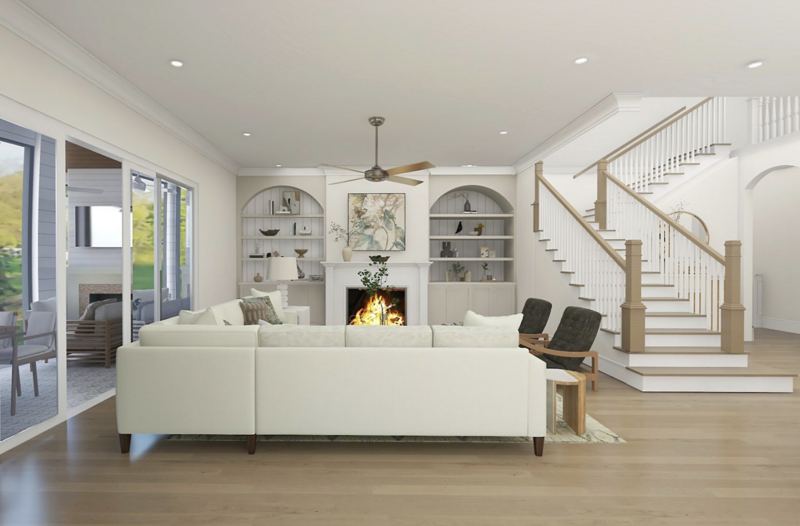 living room design for a new construction home design by Gracious Home Interiors of Waxhaw NC