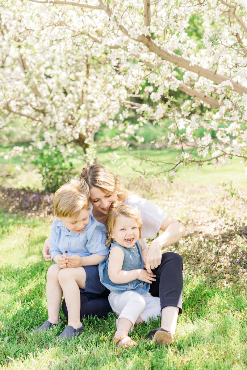 a mother sits on the grass with her two children and tickles them causing beautiful laughter