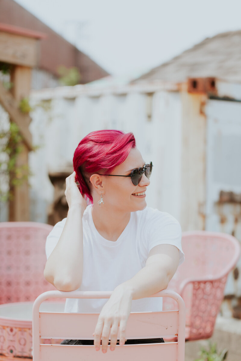 female-web-designer-portrait-side-profile=sunglasses-for-brand-session-camp-north-end-charlotte
