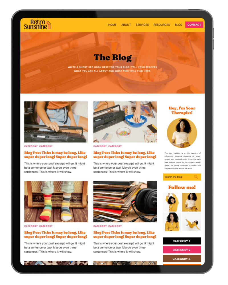 Ipad featuring the Retro Sunshine Showit website blog template for women therapists and entrepreneurs.