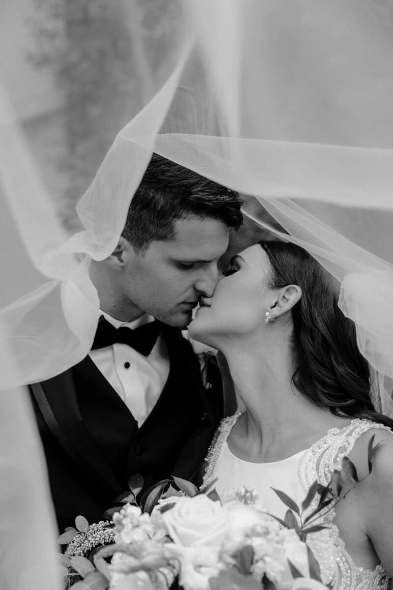 Bride and Groom Kissing Under Veil