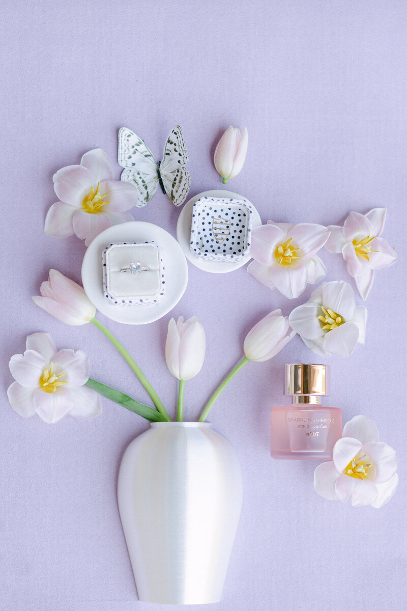 Miniature vases used as props in flat lay floral arrangements
