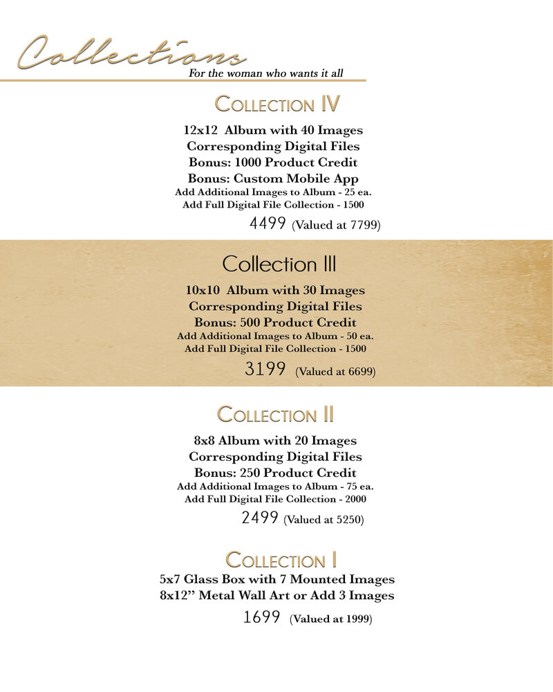 Boudoir Investment guide listing the 4 collections offered