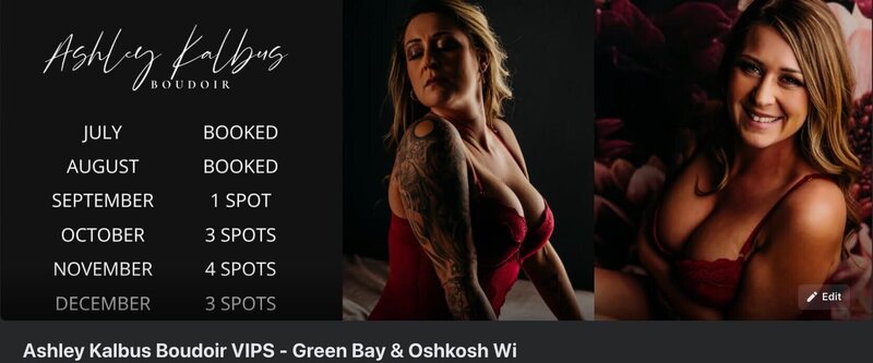 screenshot of Ashley Kalbus Boudoir VIP facebook group