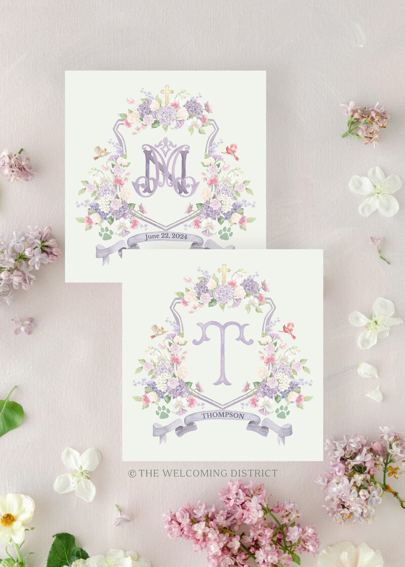 Lavender wedding crest and monograms by Alicia Betz of The Welcoming District.