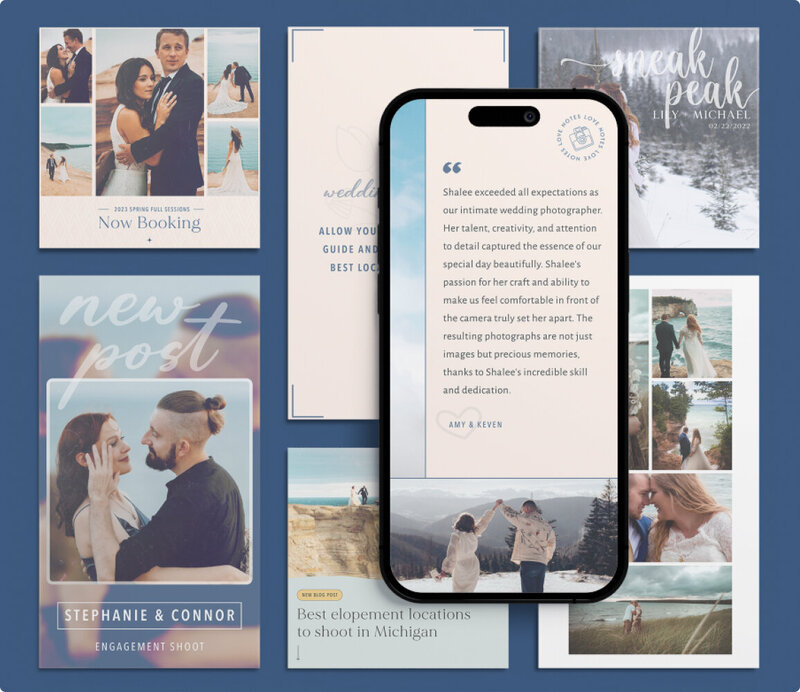 Collage of Instagram posting templates showcasing a wedding photographer's work. The photographs shows a couple, man and woman, in wedding attire poses on the beach.