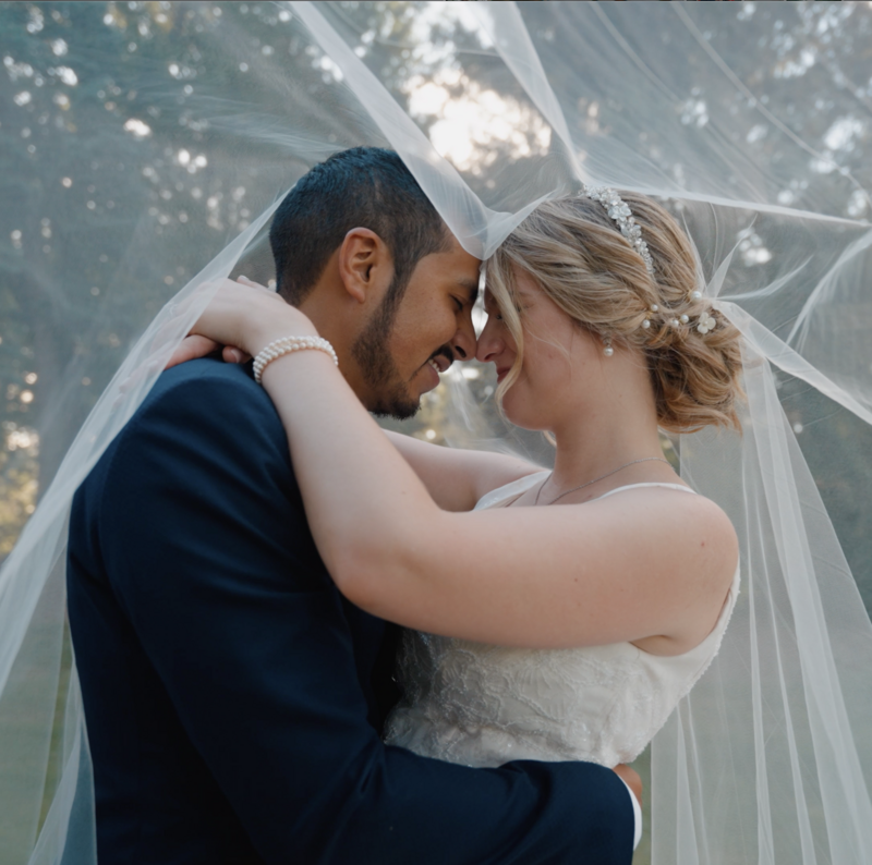 bride and groom embracing underneath veil