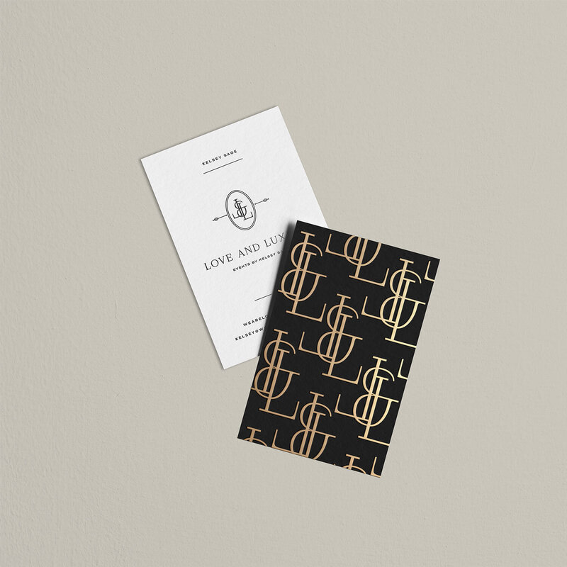 Black and gold chic business card mockup for Love & Luxury Events branding