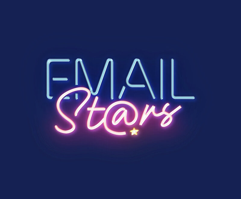 The image features a neon sign graphic with the text "EMAIL Stars" in a stylized font that imitates neon tubing. The word "EMAIL" is in capital letters in a bright blue color, while the word "Stars" is written in a cursive, lowercase font in pink with a glowing yellow star accentuating the letter 'r'. Surrounding the neon sign are various outlined icons of envelopes and a paper airplane, suggesting themes of communication or email services. The background is a deep blue, enhancing the neon effect.