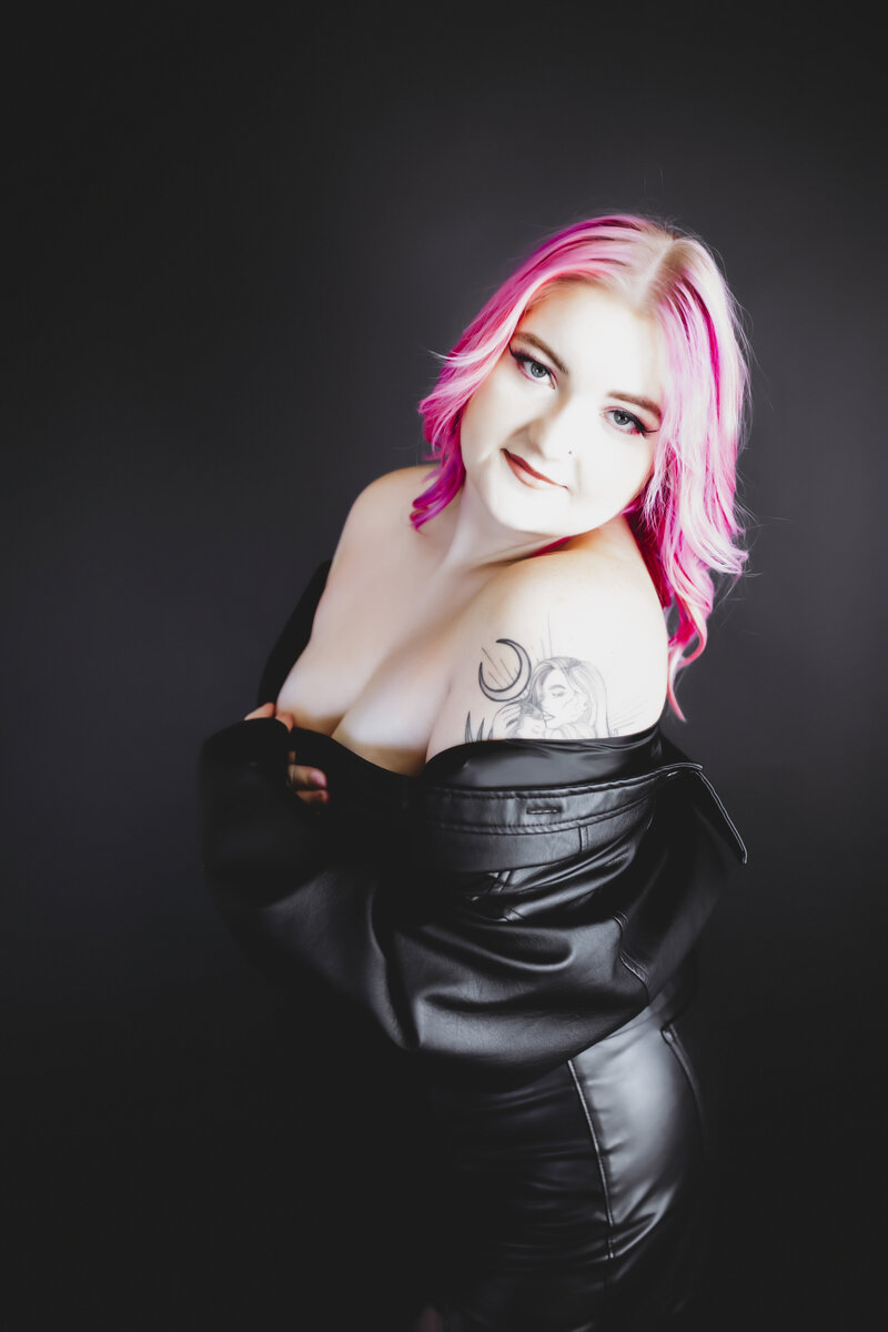 Boudoir photography client in a leather jacket in Indianapolis
