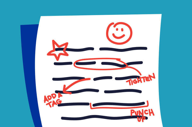 Illustration of a comedy routine script that has red marker edits throughout