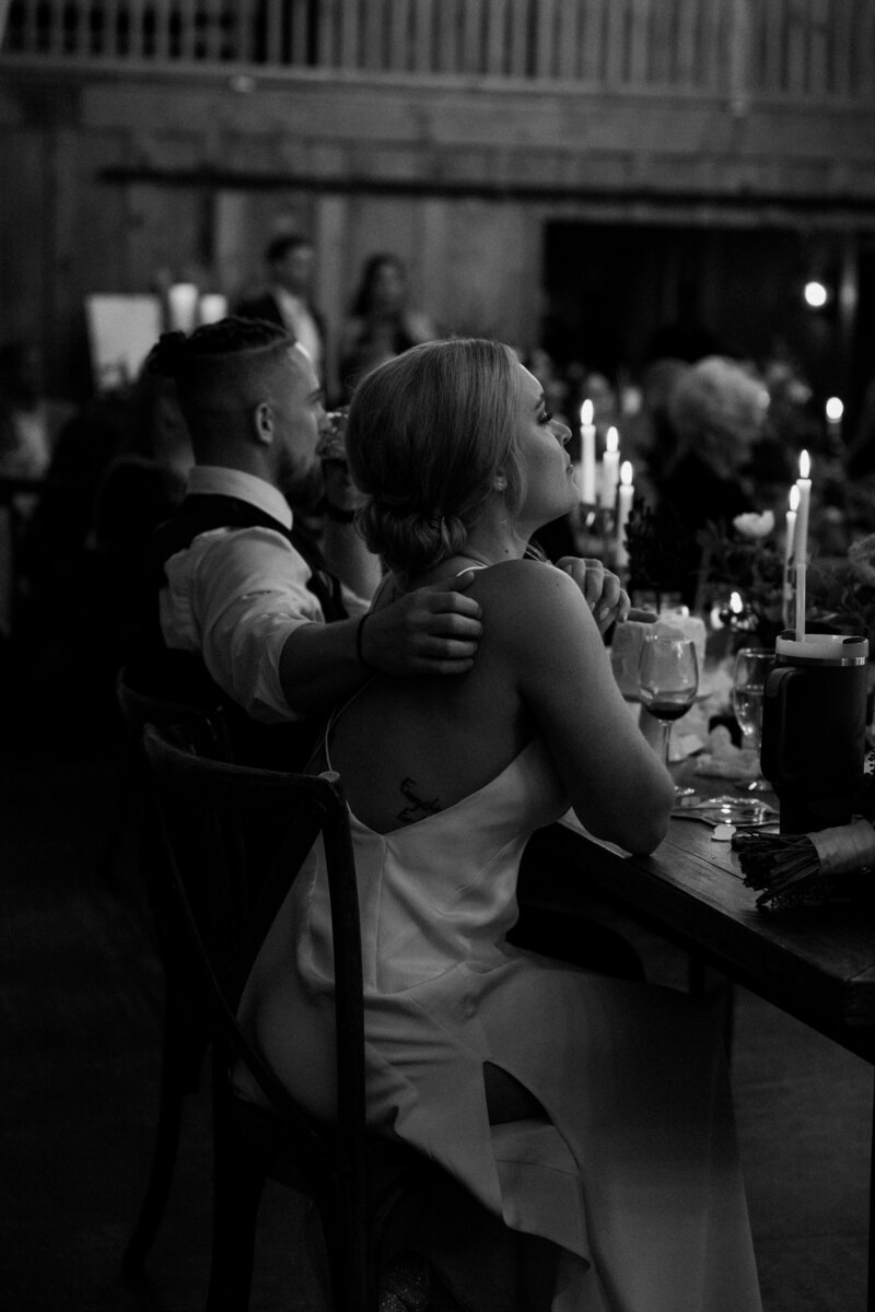 Warm, intimate wedding couple during candle lit reception