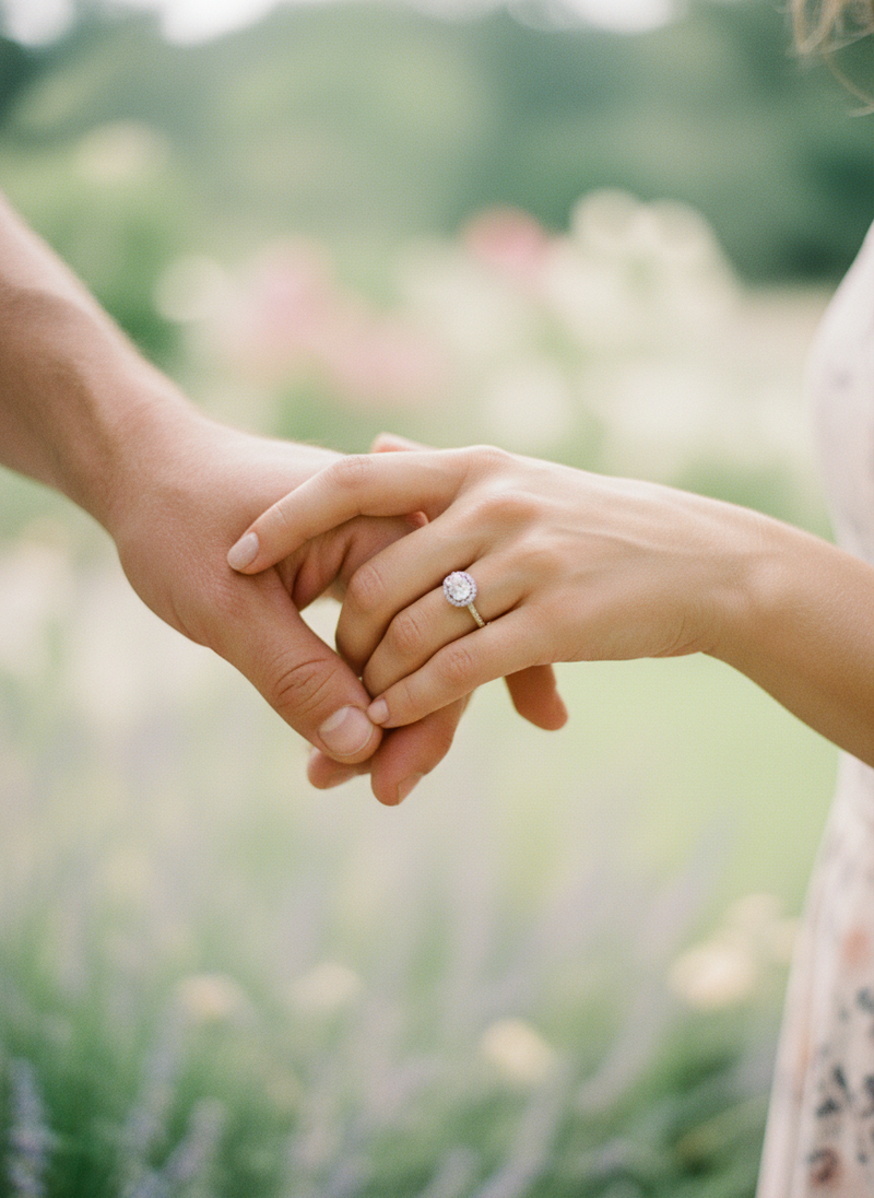 Firefly_Gemini Flash_Fine-art detail photograph of the couple’s hands intertwined, the engagement ring cat 368337