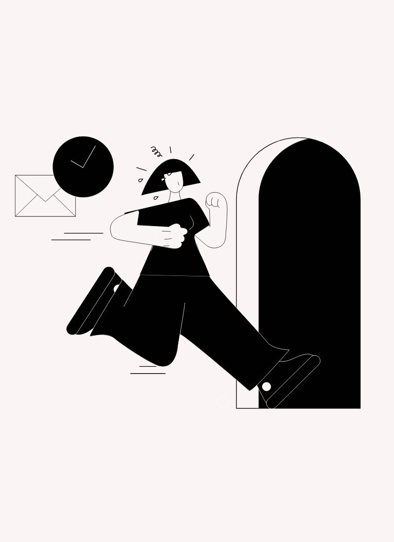 Illustration woman looking rushed running out the door with clock and email symbol near her head symbolizing she forgot to send party invitations
