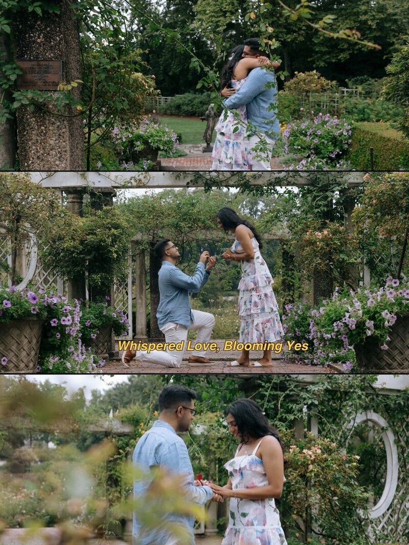 Romantic surprise proposal in a lush garden, featuring a heartfelt embrace, a groom-to-be on one knee, and the couple exchanging loving glances surrounded by blooming flowers.