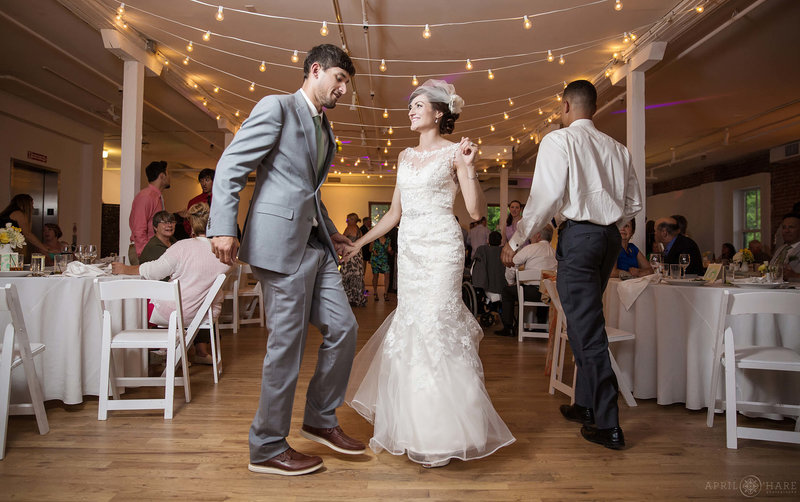 Dancing in the second floor wedding reception space at BMOCA in Boulder
