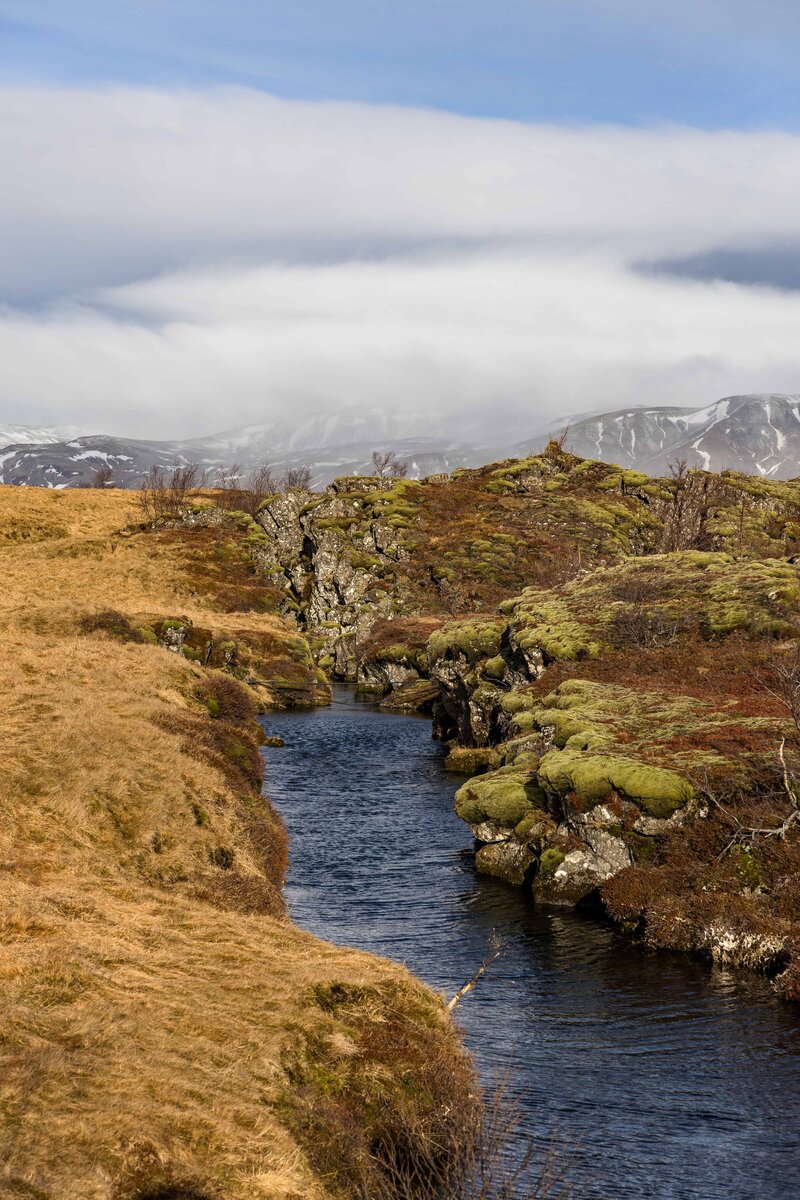 A bride and groom stand in front of a large, tumbling waterfall sharing a kiss. The bride is in a flowy wedding dress with a long veil and the groom is wearing tan pants with an orange leather jacket. They are surrounded by rocks and lush green trees.
