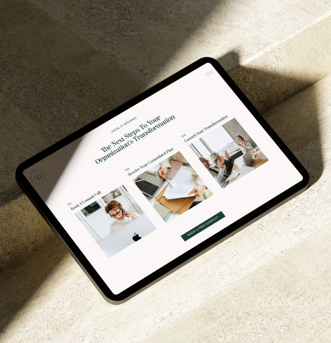 Website of a Florida-based change consultancy displayed on an ipad