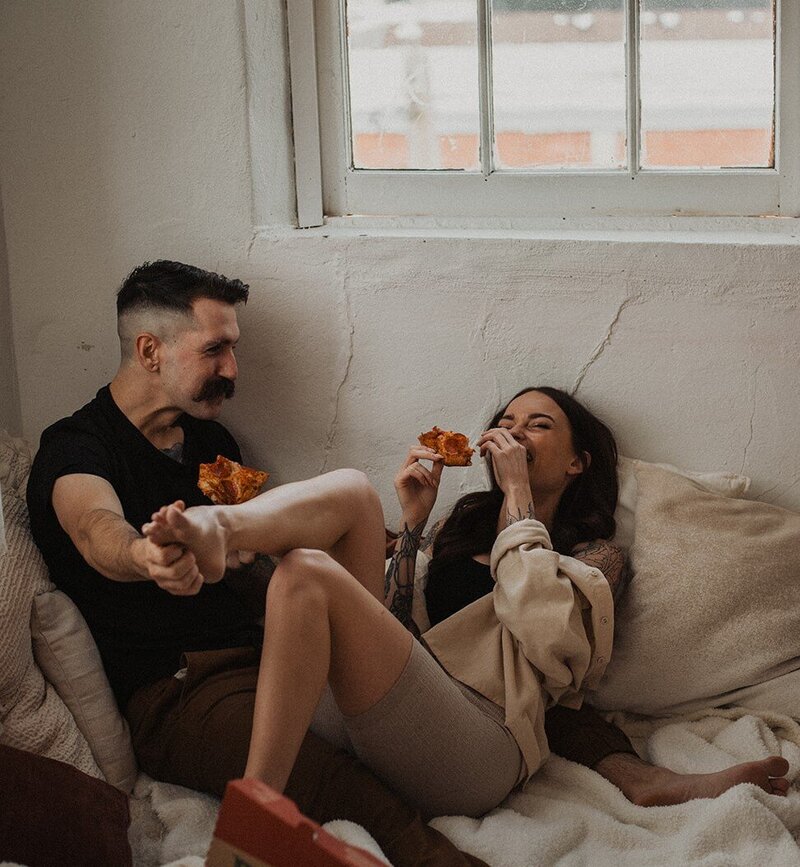 Kitchener Ontario alternative couples session cozy studio with pizza