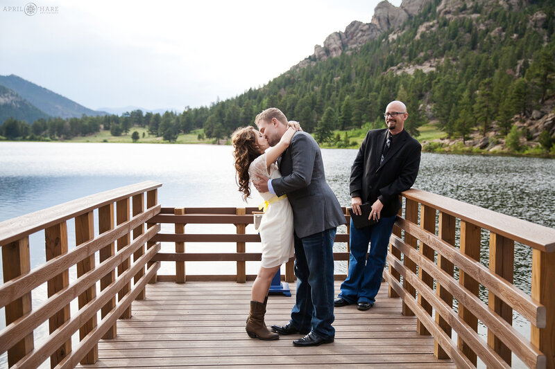 Rocky Mountain National Park Wedding Ceremony on the Lily Lake Dock during summer