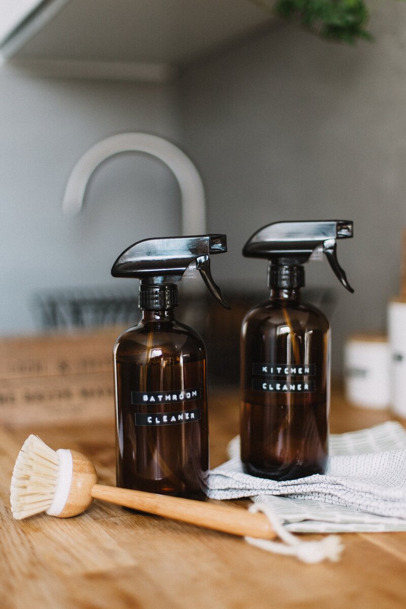 Brown glass spray bottles with eco-friendly cleaning solution
