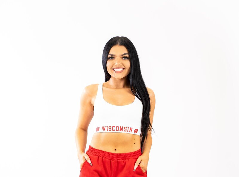 white sports bra with wisconsin on the band