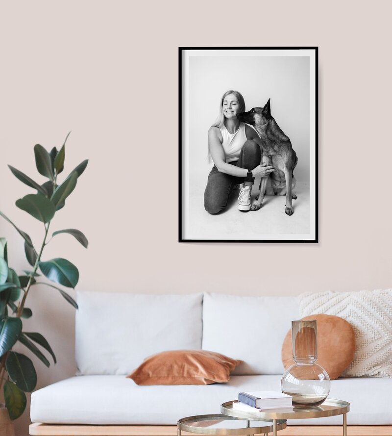 A framed professional photo of woman and het husky dog  is displayed in home.