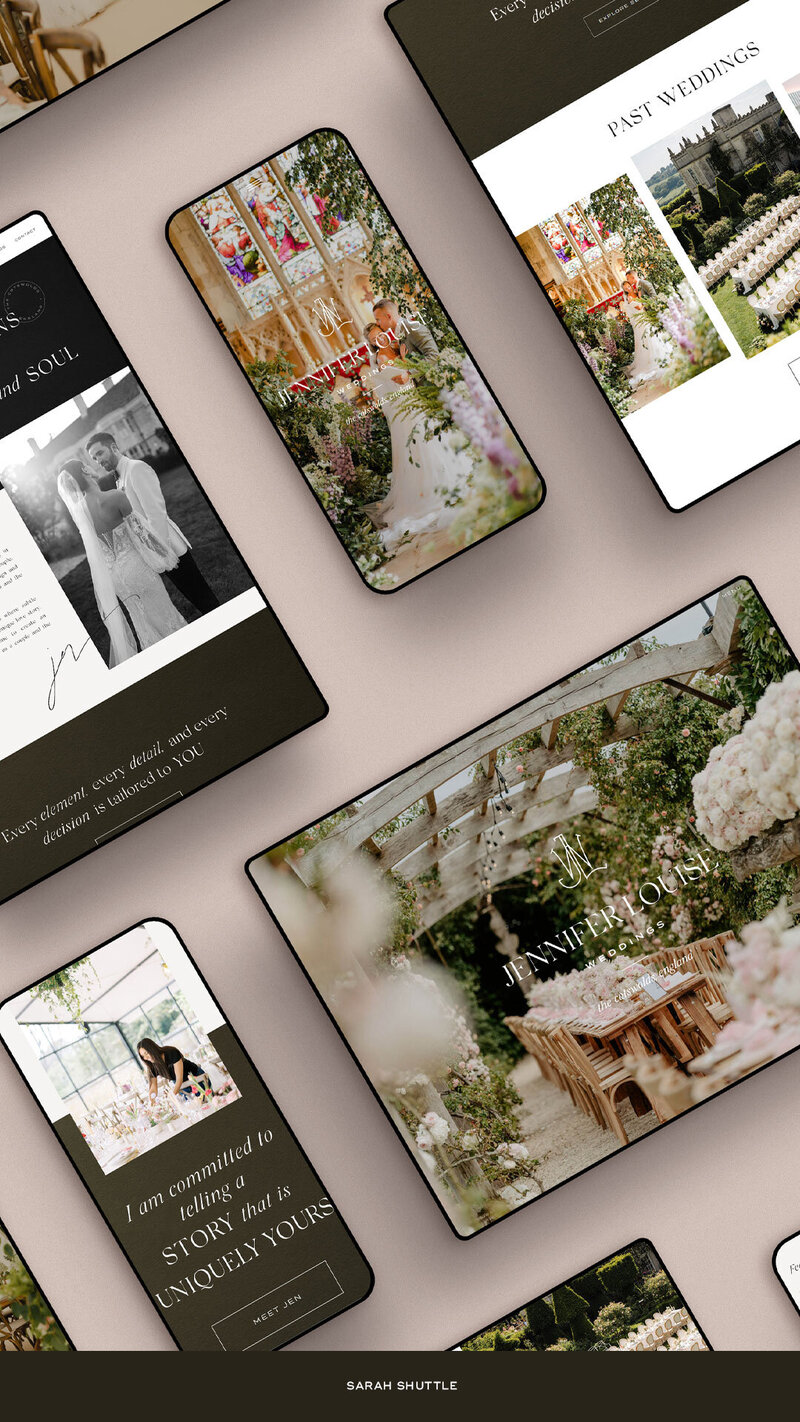Device mockups of the Showit website for Jennifer Louise Weddings, designed by Sarah Shuttle