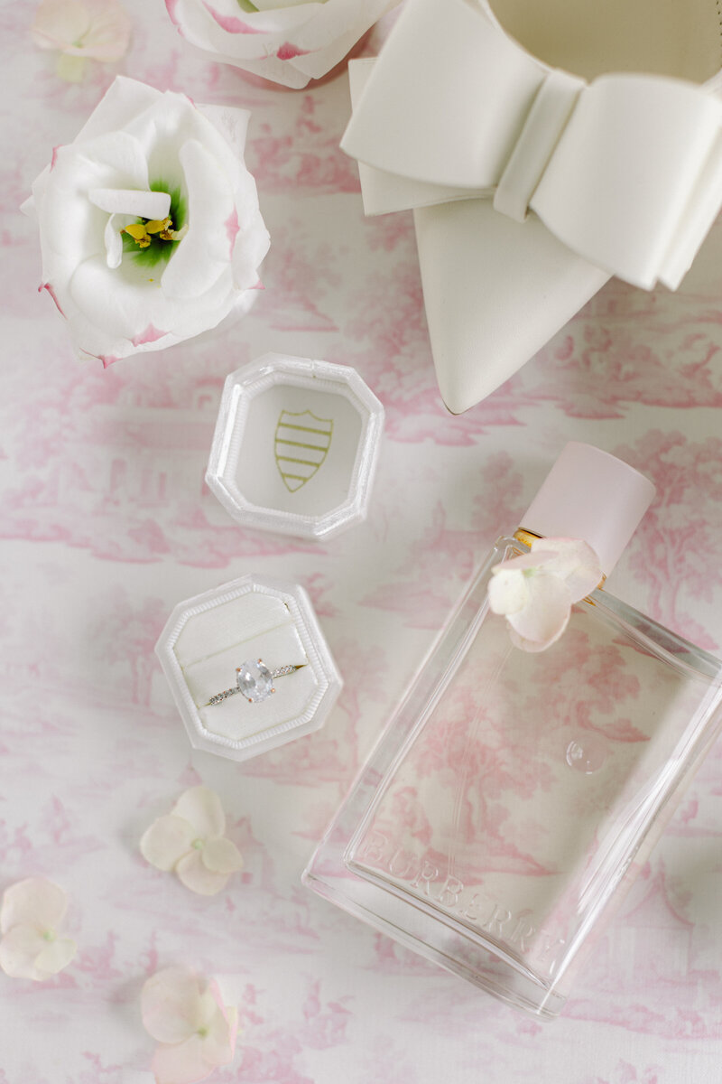 Toile linen flat lay mat with vintage French-inspired wedding details
