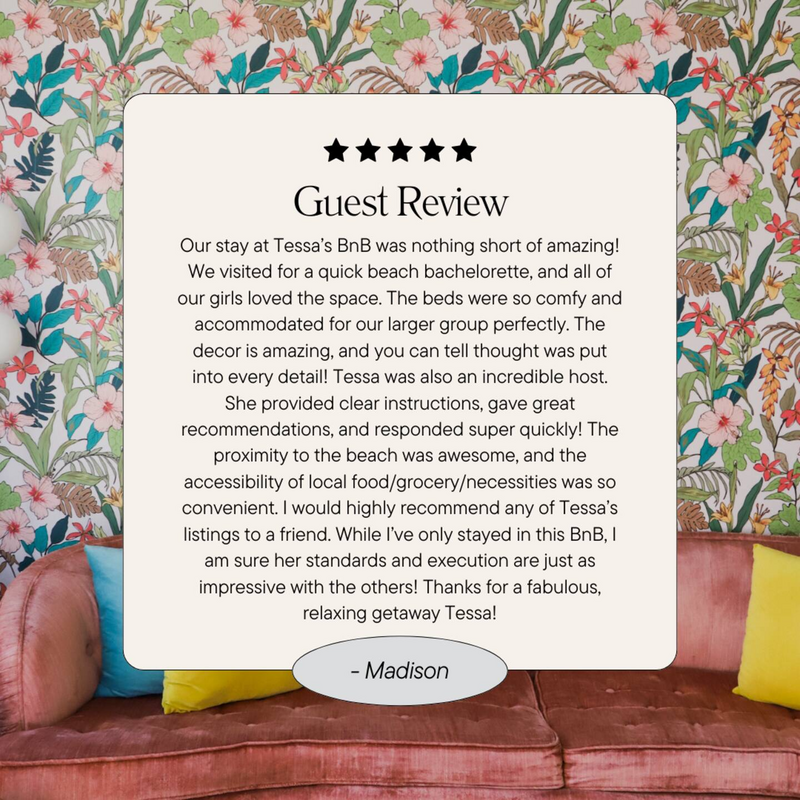 Five-star guest review overlayed on tropical wallpaper background, highlighting a bachelorette weekend experience at Welcome to Paradise.