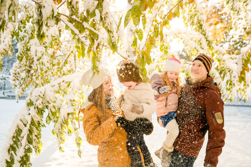 family playing  in the snow