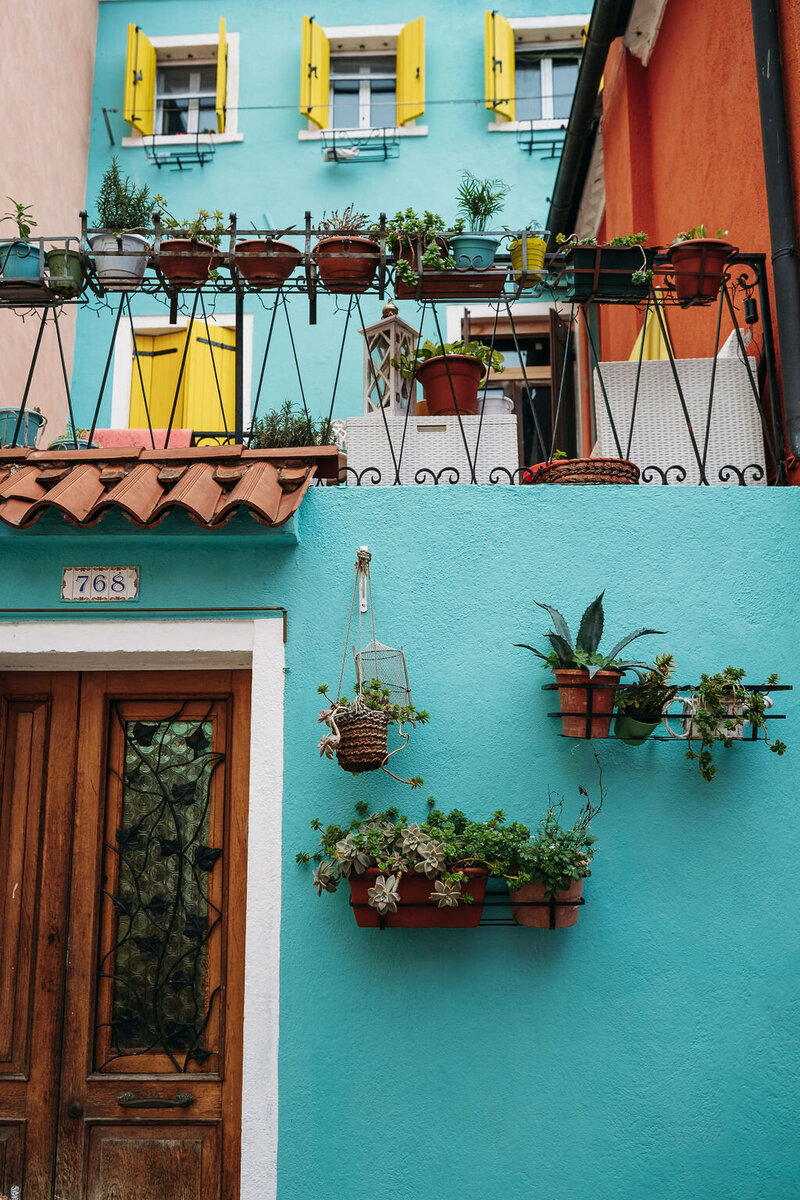 colorful home with hanging plants in burano italy