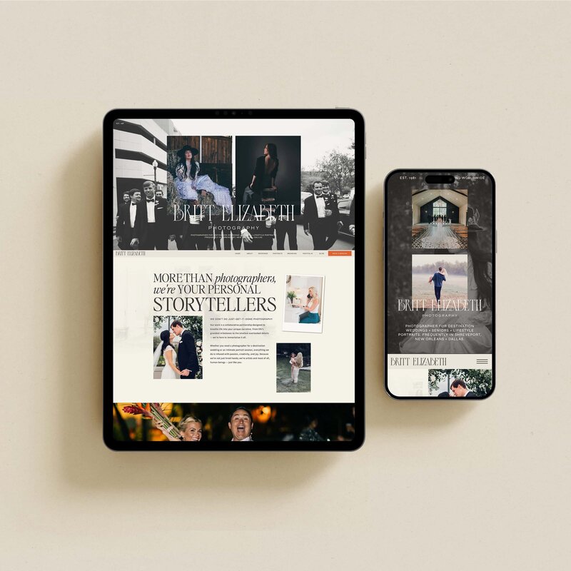 A tablet and smartphone display similar webpage layouts featuring wedding photography services, images of couples, and promotional text, showcasing tailored website design packages enhancing your brand identity design services.