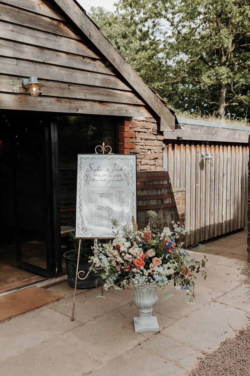 seating plan with flowers at Dewsall Court